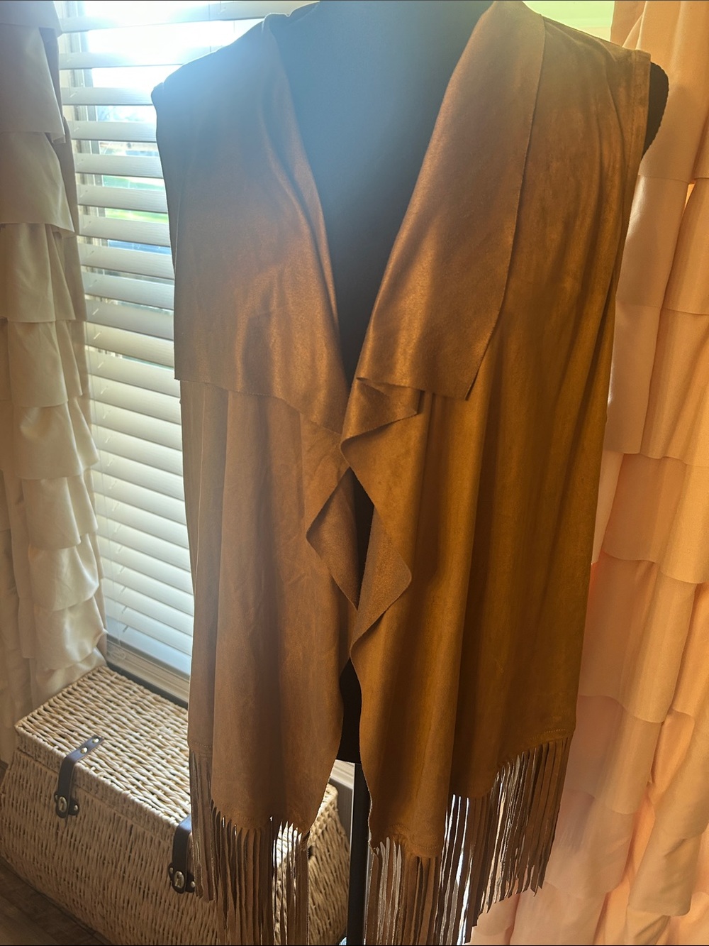 a.n.a Brown Fringed Faux Suede Open Front Vest